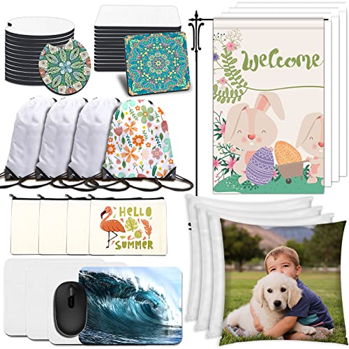 44Pcs Sublimation Blanks Products, DIY Sublimation Blanks Bulk with Car Coaster, Mouse Pad, Pillow Covers, Garden Flag, Makeup Bag, Drawstring Bag for Sublimation Transfer Heat Press Halloween Crafts