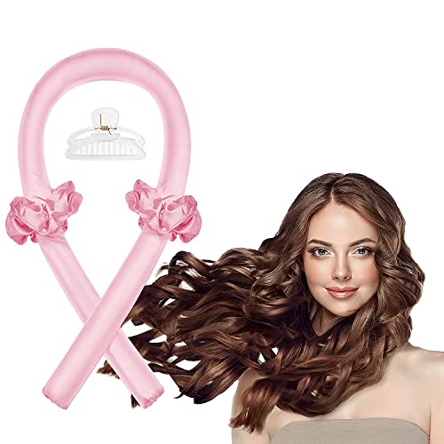 No Heat Curling Headband, No Heat Curlers for Long Hair, Curling Rod Headband to Sleep In with 2 Hair Ties and 1 Hair Clip, Soft Silk Hair Styling Tools Kit (Pink)