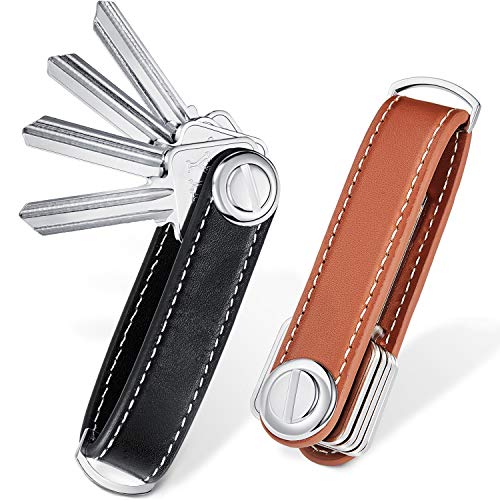 2 Sets Leather Key Organizer Compact Key Holder Folding Pocket Key Holder up to 16 Keys for Mens Father's Day Gift(Black, Brown)