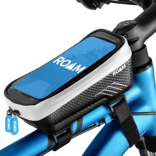 Roam Bike Phone Holder Mount - Waterproof Bike Frame Bag - Top Tube Bike Handlebar Bag - Bicycle Cell Phone Accessories Universal Compatibility w/Android, iPhone 12, 13 & 13 Pro - Silver