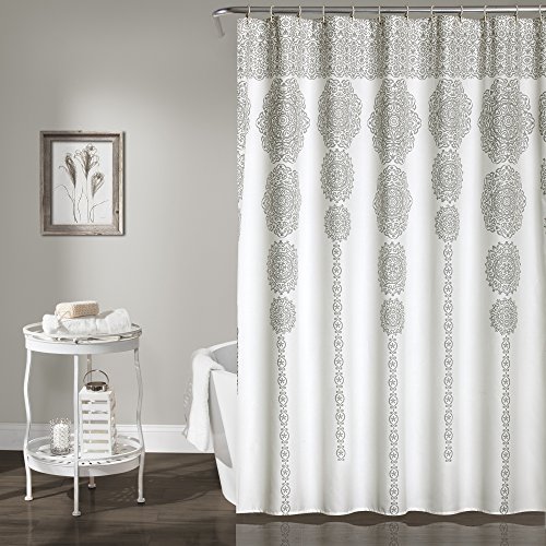 Lush Decor, Gray Stripe Medallion Shower Curtain-Fabric Mandala Bohemian Damask Print Design - 72' x 72'