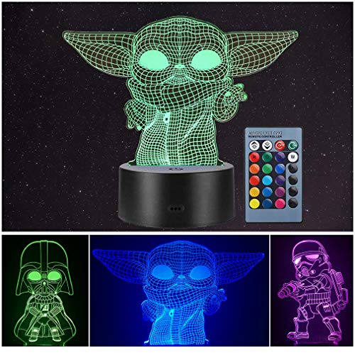 Manco 3 Pattern 3D Illusion Star Wars Night Light for Kids, 16 Color Change Decor Lamp - Star Wars Toys and Gifts Baby Yoda/Darth Vader/Stormtrooper
