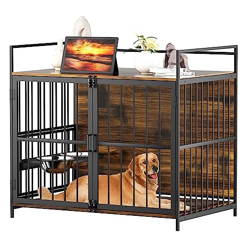 ROOMTEC Furniture Style Large Dog Crate with 360° & Adjustable Raised Feeder for Dogs with 2 Stainless Steel Bowls -End Table Dog House with Dog Pad (41Inch = Int.dims: 39.7' W x 22.4' D x 25.1' H)