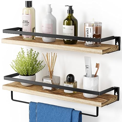 AMADA HOMEFURNISHING Floating Shelves, Bathroom Shelf with Towel Bar, Wall Shelves for Bathroom/Living Room/Kitchen/Bedroom, Light Brown Shelves Set of 2 - AMFS01