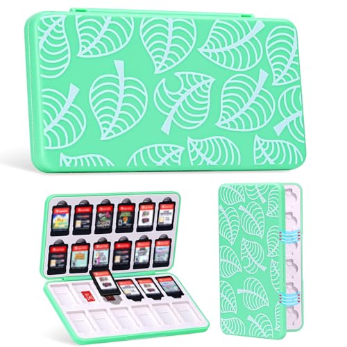 JINGDU 24-Slot Switch Game Card Case Compatible with Switch Game & micro SD Cards, Hard Shell, the Cute Games Holder Organizer Suitable for NS, Lite & OLED Game Card, acnh Leaf