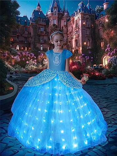 UPORPOR Light Up Cinderella Girls Costume Princess Blue Fairy Dress for Little Toddler Ball Gown Kids Halloween Costumes LED Dress Up Clothes Birthday Vestito Carnival Party Outfit, 110