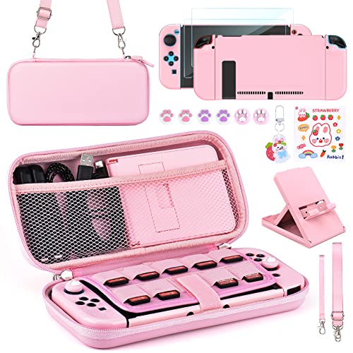 Younik Switch Accessories Bundle, 15 in 1 Pink Switch Accessories Kit for Girls Include Switch Carrying Case, Adjustable Stand, Protective Case for Switch Console & J-Con Pink