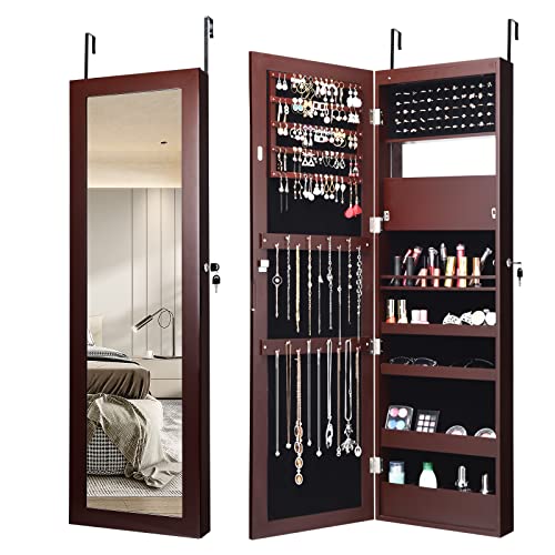 COSTWAY 12 LEDs Mirror Jewelry Cabinet, Wall/Door Mounted Jewelry Organizer Cabinet with 53.5” Full Length Mirror & Large Storage Capacity, Lockable Jewelry Armoire for Women Girls (Brown)