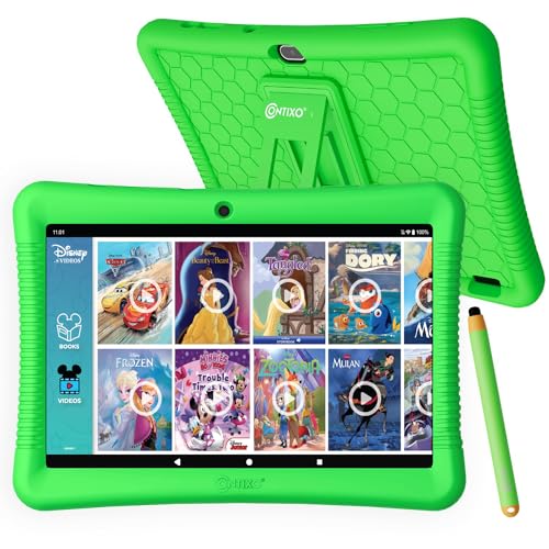 Contixo Kids Tablet K102-10-inch HD, Ages 3-7 Toddler Tablet, Parental Control, Android 10, 64GB, WiFi, Learning Tablet for Children with Disney E-Book Pre-Installed, Kid-Proof Case, Green