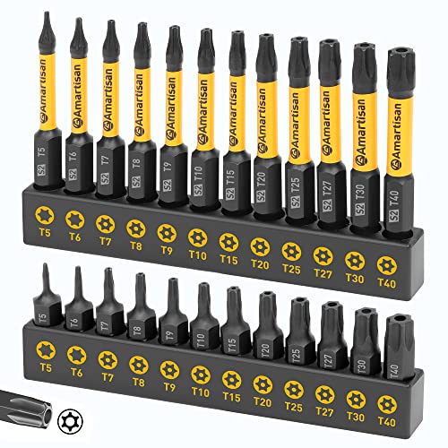 Torx Bit Set, Amartisan 24-Piece Security and Tamper Resistant Star Bits Set S2 Steel, 1' and 2.3' Long T5 - T40