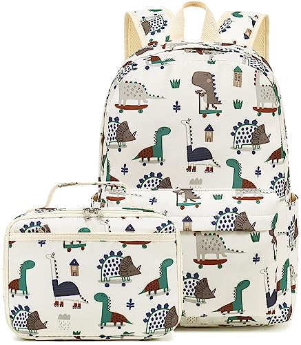 LEDAOU Kids School Backpack with Lunch Box for Boy Kindergarten BookBag School Bag Preschool Kindergarten Toddler Backpack (Dinosaur Beige)
