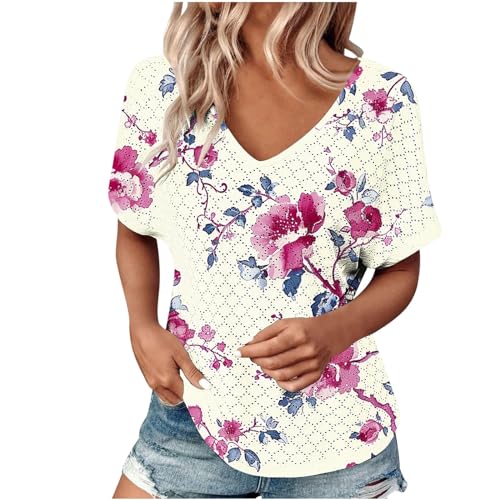 Summer Tops Womens Tops Short Sleeve Eyelet Corchet Tshirt Shirts Summer Cute V Neck Boho Beach Tunic Tees Floral Casual Holiday T-Shirts Clearance Items for Women