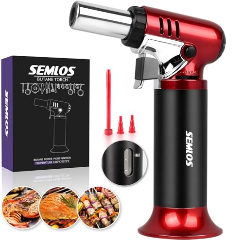 Semlos Butane Torch with Fuel Gauge, Refillable Kitchen Torch Lighter with Safety Lock and Adjustable Flame for DIY, Creme Brulee and Soldering(Butane Gas Not Included)