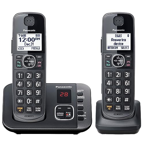 Panasonic Cordless Phone with Answering Machine, Automated Call Block, Easy to Use - 2 Handsets - KX-TGE632M (Metallic Black)