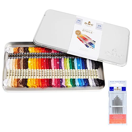 DMC Embroidery Floss, Mouline Etoile Collector'sTin, 35 Colorful Set of DMC Metallic Embroidery Thread Kit Bundle with DMC Cross Stitch Needles Size 3/9, DMC Metallic Cotton Embroidery String