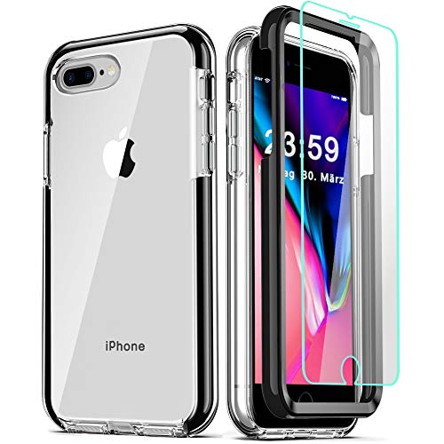 COOLQO iPhone 8+/7+/6S/6+ Case: 3-in-1 Clear Hard+Silicone TPU, 2 Tempered Glass Protectors, Full Body Coverage - Black