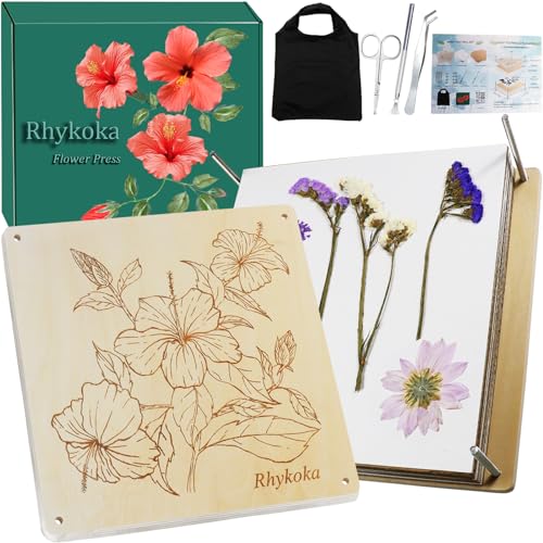 Rhykoka Large Flower Press,11x11 inch (28x28cm) 10 Layers Wooden Flower Pressing Kit DIY Leaf Flower Pressed Kit for Adults, Great Gift for DIY Flower Lovers (Wooden)