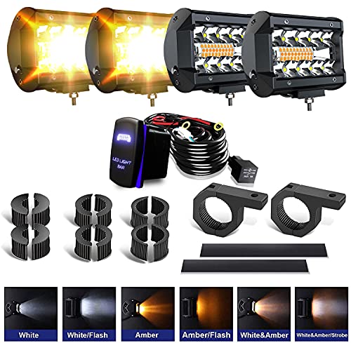ASLONG 4Pcs 4inch LED Pods Strobe Lights, White/Amber Yellow LED Light Bar Driving Fog Offroad Cube Light w/Tube Clamp Mounting UTV Flag Mount Whip Light Mount Kit for ATV UTV Trucks w/Wiring Kit