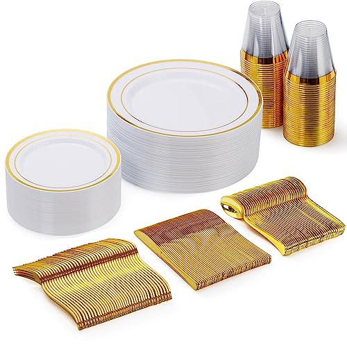 150 Pieces Gold Disposable Plates for 25 Guests, Plastic Party, Wedding, Dinnerware Set of Dinner Plates, Salad Spoons, Forks, Knives, Cups