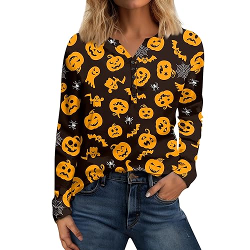 Long Sleeve Shirts for Women Halloween Pumpkin Face Graphic Tops V Neck Button Down Shirt Casual Plus Size Blouse Cotton Comfortable Shirt Fashion Loose Fall Clothes(D-Coffee,XX-Large)
