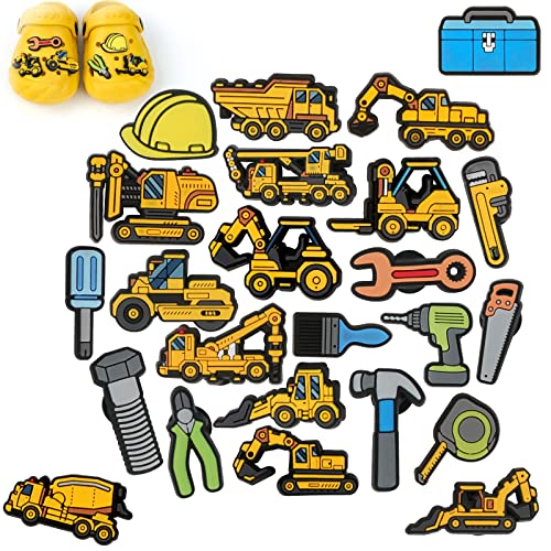 LULUDRAGON 24 Pcs Shoe Charms for Clog Shoes Decorations - Cute Construction Crooc Charms for Boys Teens Truck Style Clogs Accessories Birthday Gifts