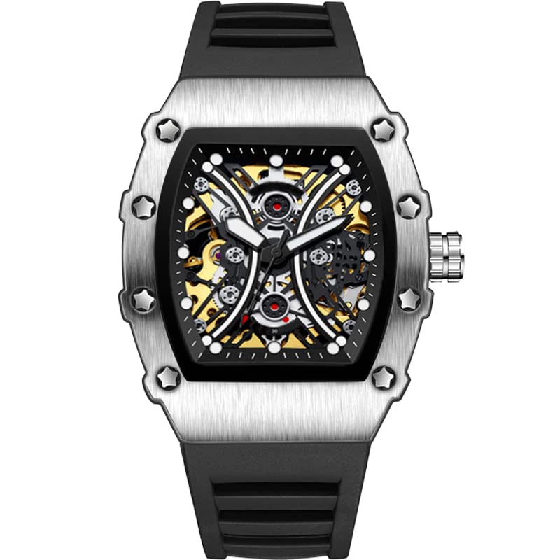 ShShi Fashion Wine Barrel Shape Automatic Mechanical Watch, Metal Bezel, Openwork dial, Abstract Painting Style, Waterproof Luminous (Silvery-Half Moon Pattern)