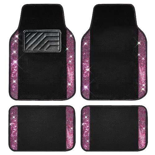 CAR PASS Shining Rhinestones Carpet, Bling Crystal Diamond Sparkly Glitter Car Floor Mat, Anti-Slip PVC Heel Pad Automotive Universal Fit for SUV Sedan Van, 4pcs for Girl Cute Women (Black Pink)