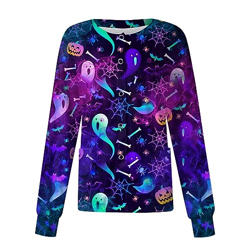 Womens Halloween Scrub Jackets Warm Up Button Down Workwear Shirt Long Sleeve Print Scrub Tops Casual Loose Nurse Uniforms Stretchy Women's Halloween Scrub Jackets Purple XX-Large