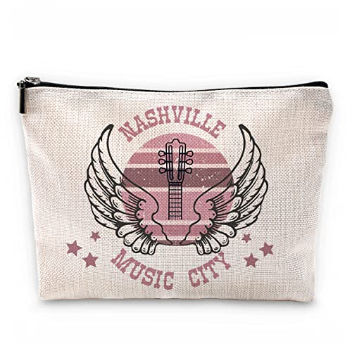 Sufamb Nashville Music City Retro Country Music Makeup Bag,Vintage Western Angel Wings Guitar Western Cosmetic Pouch,Christmas Birthday Gifts for Teen Girls Best Friends,Country Music Lover Gifts