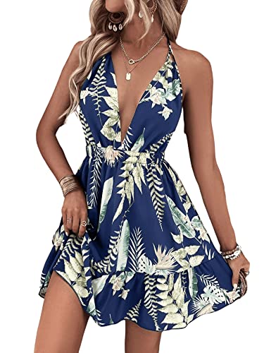SweatyRocks Women's Deep V Neck Halter Sleeveless Mini Dress Backless Boho Floral Print Ruffle Hem Flare Dresses Blue M