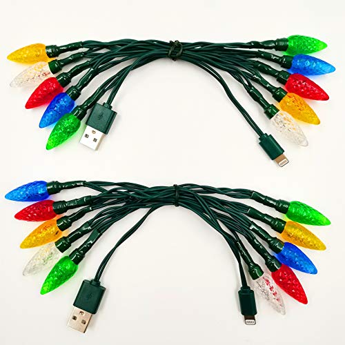 WIND Set of 2 Christmas Light Phone Charger Cord USB and Bulb Charging Cable 50inch 10led Multicolor Lightning Connector Compatible with Phone 6 7 8 X XR XS 11 Pro Max & iPad…