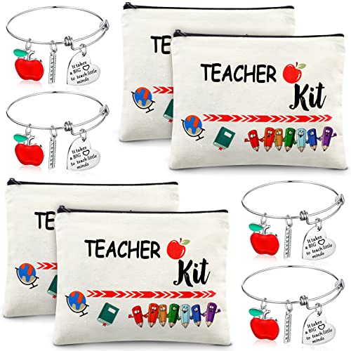 8 Pcs Teacher Appreciation Gift Set for Women, 4 Teacher Makeup Pouch Cosmetic Bags and 4 Bangle Bracelets, Christmas Valentines Thank You Gifts for Teacher (Teacher Survival Kit)