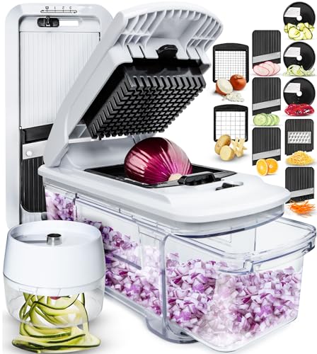 Fullstar All-in-1 Vegetable Chopper, Mandoline Slicer & Cheese Grater - French Fry Cutter & Veggie Dicer - Includes Bonus Handheld Spiralizer - Cook's Tool & Gadget Sets (6 in 1, Black/White)