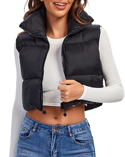 Fuinloth Women's Padded Vest, High Stand Collar Lightweight Zip Crop Puffy Gilet Black S