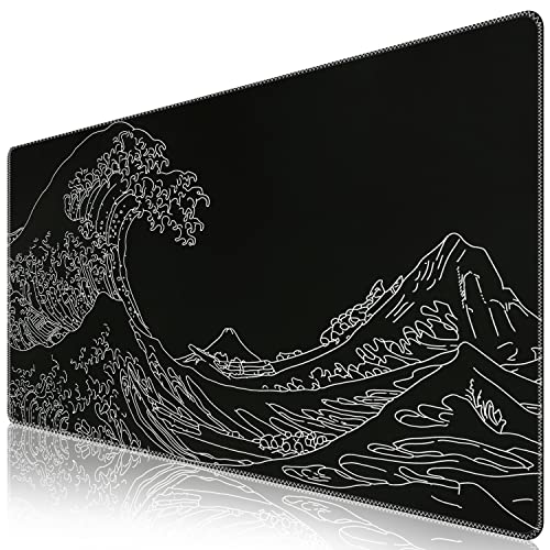 iCasso Black Gaming Mouse Pad, XXL Mousepad, Large Rubber Base Desk Mat with Stitched Edges, Keyboard Mouse Mat Desk Pad for Work, Game, Office, Home - Black Wave of Kanagawa