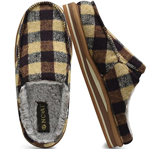 ONCAI Men House Slippers with Orthotic Arch Support,Cotton-Blend High-Density Memory Foam House Slippers Cozy Warm Soft Faux Fur Clogs Slip-on Indoor Outdoor Rubber Sole Plaid Khaki Size 7