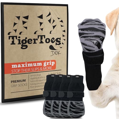 DOK TigerToes Premium Non-Slip Dog Socks for Hardwood Floors - Extra-Thick Grip That Works Even When Twisted - Prevents Licking, Slipping, and Great for Dog Paw Protection - Size Large