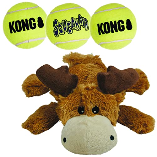 KONG Cozie Marvin The Moose and 3 SqueakAir Balls - Fun, Interactive Dog Toys - Balls for Fetch & Soft, Sturdy Toy for Indoor Play - for Medium Dogs