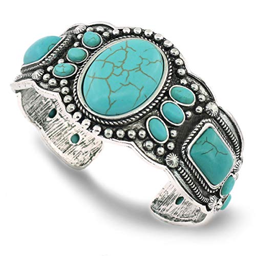 jianxi Women's Antique Rgentium Plated Base Heart Compressed Turquoise Bracelet Cuff Bangle Fashion Jewelry (1323-A)