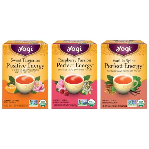 Yogi Tea Energy Tea Variety Pack - 16 Tea Bags per Pack (3 Packs) - Organic Tea Sampler - Includes Raspberry Passion Perfect Energy, Sweet Tangerine Positive Energy & Vanilla Spice Perfect Energy