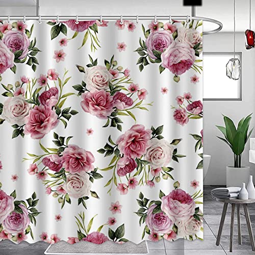 APROPHIC Vintage Floral Shower Curtain Home Decor Pink Peony Rose Shower Curtains for Bathroom Botanical Plant Green Leaves Polyester Fabric Waterproof Flower Bathroom Curtain with 12 Hooks 72'*72'