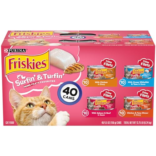 Purina Friskies Wet Cat Food Variety Pack, Surfin' & Turfin' Prime Filets Favorites - (Pack of 40) 5.5 oz. Cans