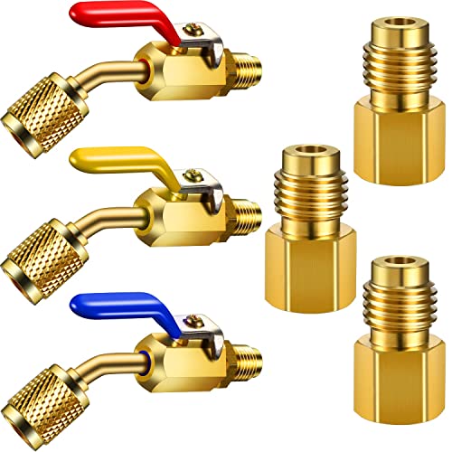 6 Pieces Air Conditioning Refrigerant Angled Compact Ball Valve 1/4 Inch for R410A R134A R12 R22 AC HVAC and R12 R22 to R134A Adapters 6015 R134A Refrigerant Tank Adapter 6014 Vacuum Pump Adapter