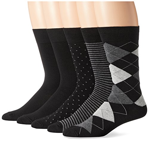 Amazon Essentials Men's Patterned Dress Socks, 5 Pairs, Black/Dots/Plaid/Stripe, 8-12