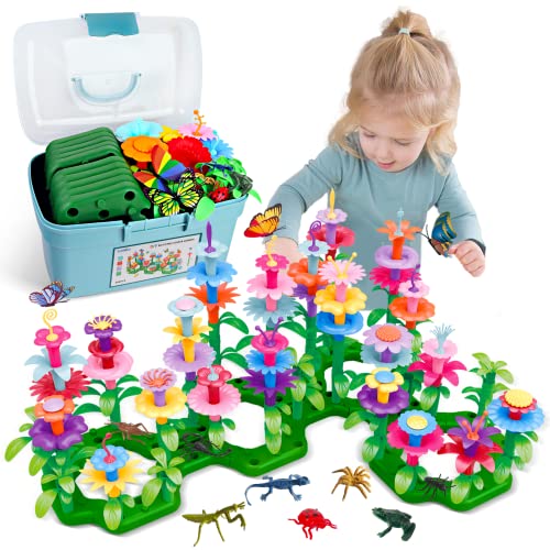 Leetous Birthday Toys Gifts for 2 3 4 5 6 Years Old Toddlers Girls Boys (156PCS),Insect Flower Garden Building-Educational Pretend Play Gardening Set,Easter Basket Ideas Learning Toys for Kids Age 2+