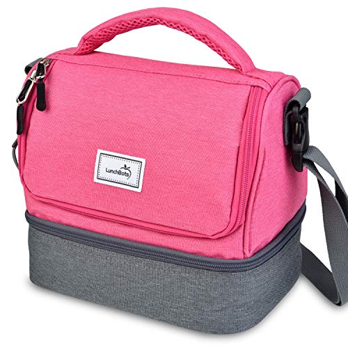 LunchBots Duplex Insulated Lunch Bag - Dual Section Design Fits Uno, Duo, Trio, Quad, Rounds, Bento Cinco Perfectly - Roomy Thermal Lunch Bag - Pink