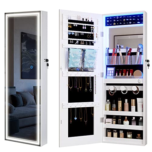 Vlsrka Jewelry Mirror Cabinet with LED Lights, Wall Mounted/Door Hanging Full-Length Jewelry Mirror, Lockable Storage Cabinet, Built-in Makeup Mirror for Bedroom Cloakroom (White)