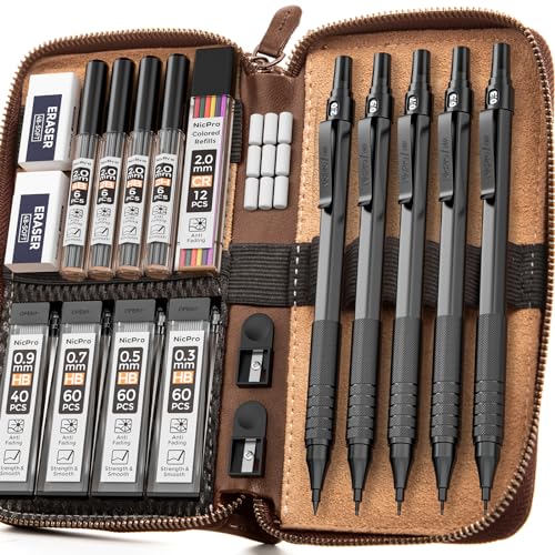 Nicpro 20PCS Black Metal Mechanical Pencil Set in Leather Case, 0.3, 0.5, 0.7, 0.9 mm & 2mm Lead Pencil Holders, 9 Tube (4B 2B HB 2H) Lead Refills, Erasers For Art Drafting Sketching Drawing