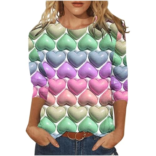 HGps8w Valentine's Day Shirts for Women Heart Printed Dressy Casual 3/4 Sleeve Blouses Pullover Crewneck Cute Date Tops
