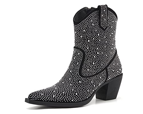 ZXHYZLZ Women's Rhinestone Cowboy Boots Thick Root High Heel Pointed Toe Sparkling Cowgirl Boots Size7
